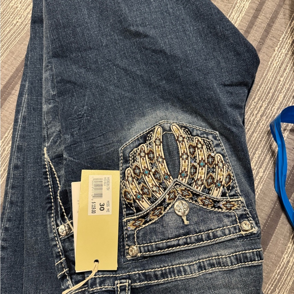 Miss Me Dark Blue Boot Cut Jeans with Embellished Pockets